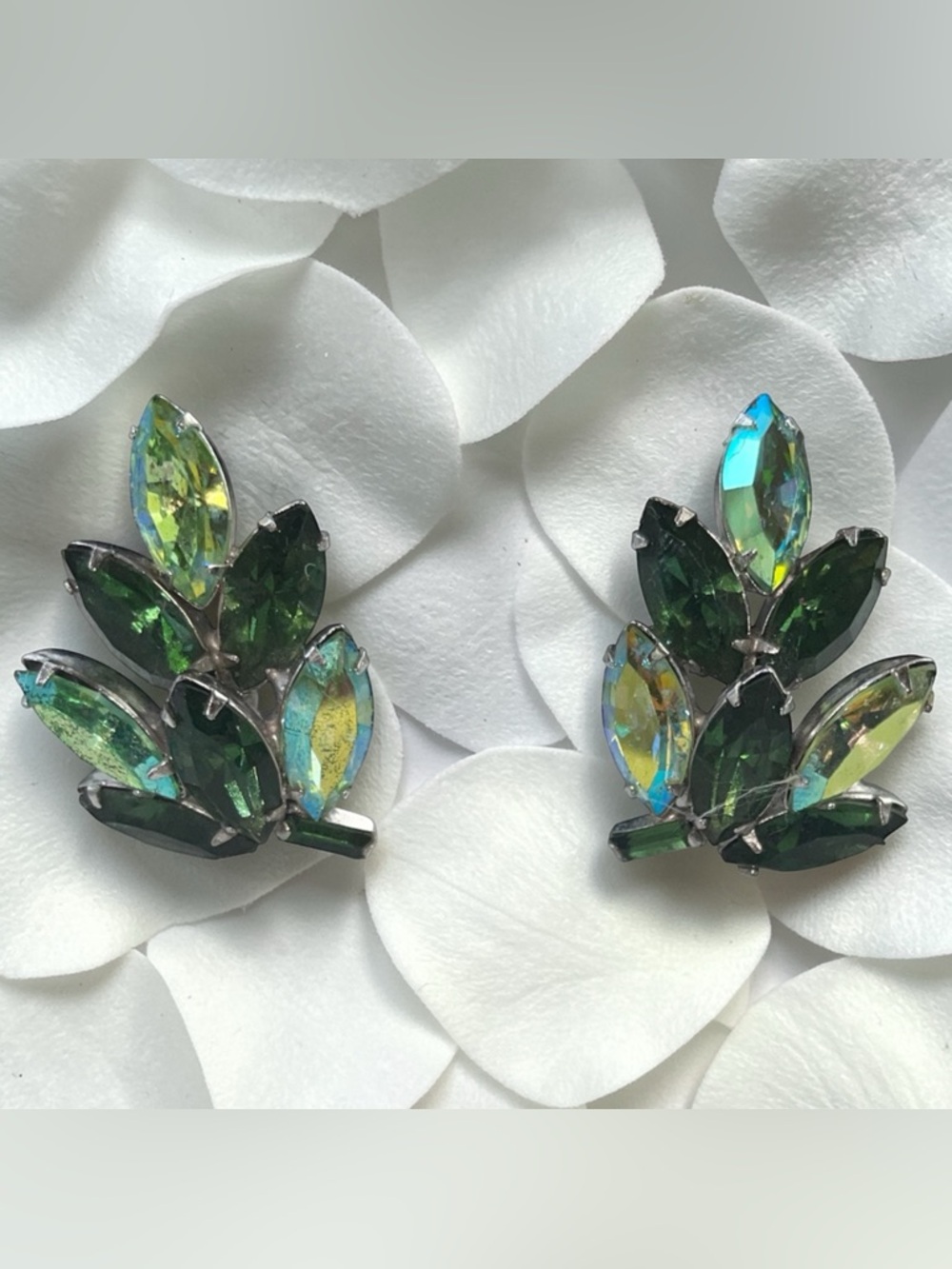 Vintage Juliana Style Green AB Crystal Navette Leaf Clip-On Earrings